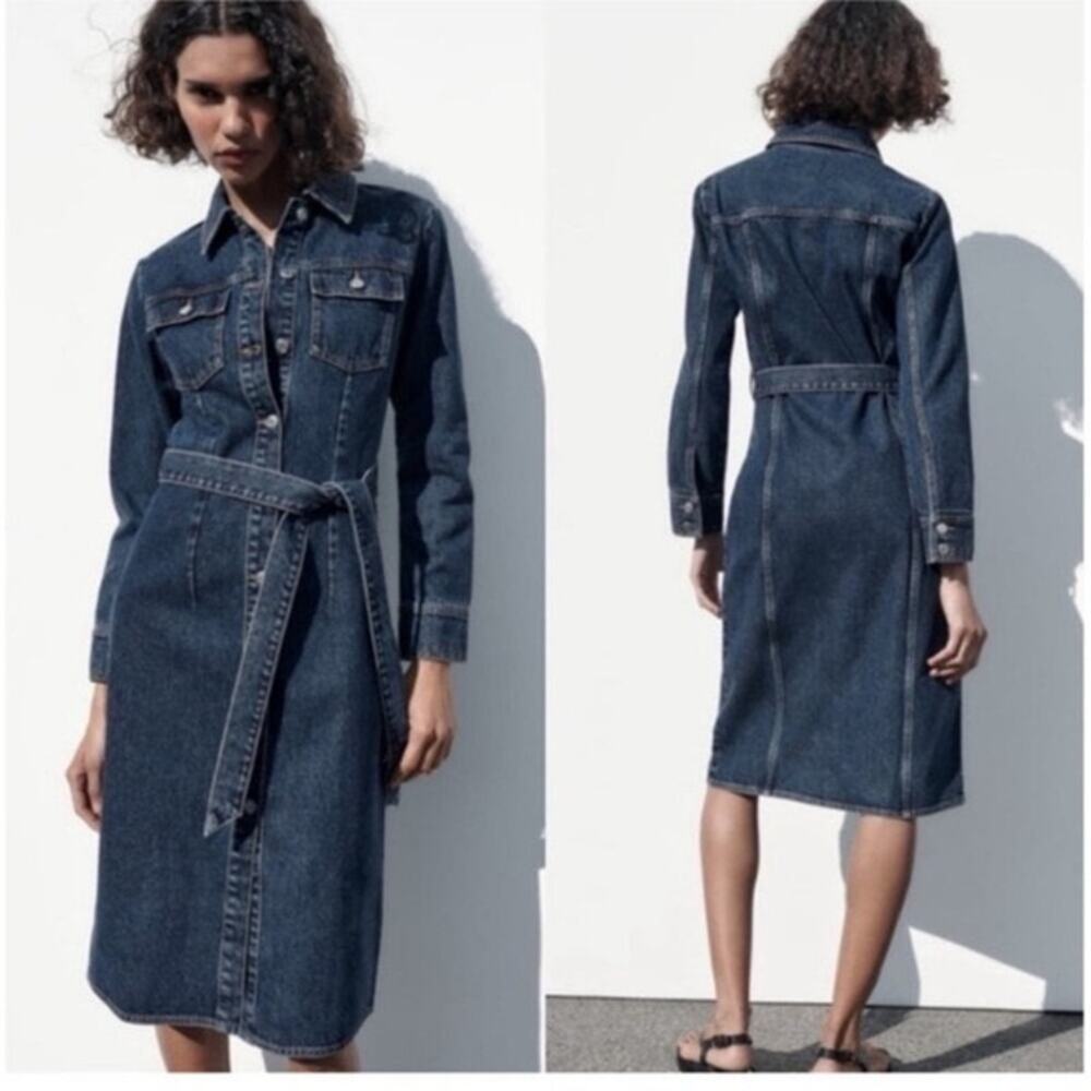 Zara Dark Denim Belted Midi Shirt Dress